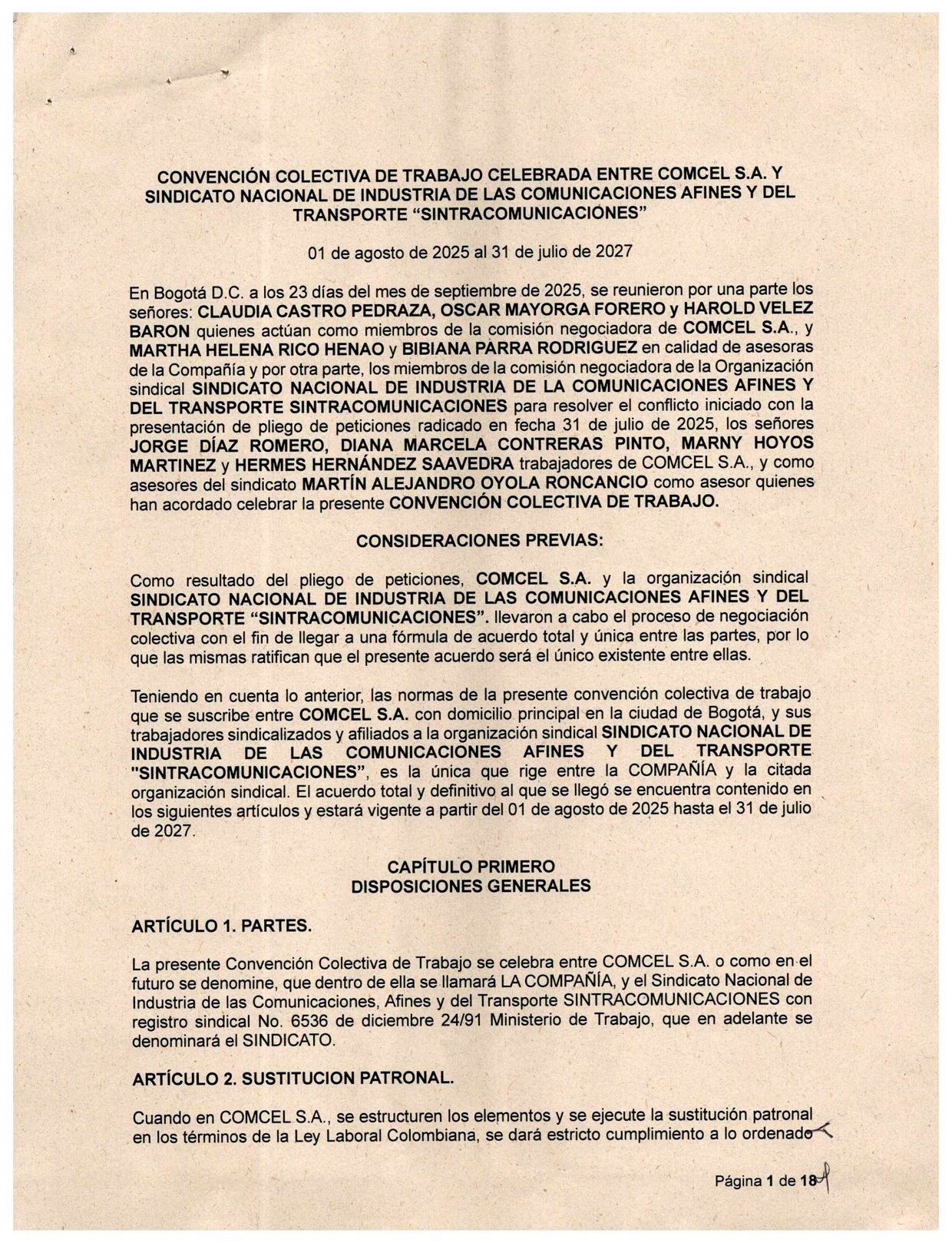 CONVENCIÓN COLECTIVA DE TRABAJO CELEBRADA ENTRE COMCEL S.A. Y SINTRACOMUNICACIONES